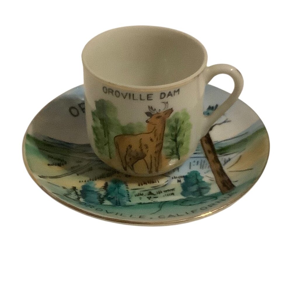 Vtg Oroville Dam Souvenir Ceramic Cup Saucer Set Handpainted California Scenic‎